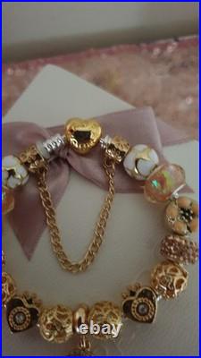 Authentic Pandora Bracelet with Gold Heart 19 cms & Gold Charms + Pandora Box Authentic Pandora Bracelet with Gold Heart 19 cms & Gold Charms + Pandora Box
