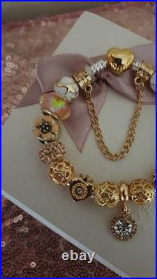 Authentic Pandora Bracelet with Gold Heart 19 cms & Gold Charms + Pandora Box Authentic Pandora Bracelet with Gold Heart 19 cms & Gold Charms + Pandora Box