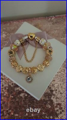 Authentic Pandora Bracelet with Gold Heart 19 cms & Gold Charms + Pandora Box Authentic Pandora Bracelet with Gold Heart 19 cms & Gold Charms + Pandora Box