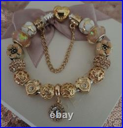 Authentic Pandora Bracelet with Gold Heart 19 cms & Gold Charms + Pandora Box Authentic Pandora Bracelet with Gold Heart 19 cms & Gold Charms + Pandora Box