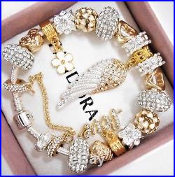 Authentic Pandora Charm Bracelet With Gold Angel Wing Crystal European Charms