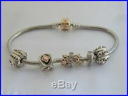 Authentic Pandora Gold and Sterling Silver Charm Bracelet 7 Pandora Charms 7.9L