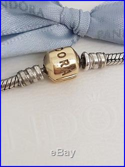 Authentic Pandora Silver & 14k Gold Two Tone Charm Bracelet Gold Clasp 20cm