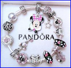 Authentic Pandora Silver Bangle Bracelet With Minnie Disney European Charms