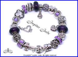 Authentic Pandora Silver Charm Bracelet Euro Charms Amethyst Purple of Hearts