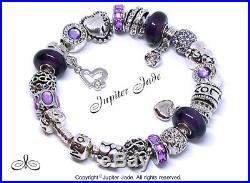 Authentic Pandora Silver Charm Bracelet Euro Charms Amethyst Purple of Hearts