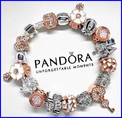 Authentic Pandora Silver Charm Bracelet Rose Gold Key To My Heart European Beads