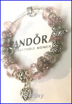 Authentic Pandora Silver Charm Bracelet White Love Pink European Charms