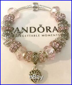 Authentic Pandora Silver Charm Bracelet White Love Pink European Charms