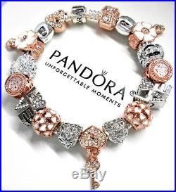 Authentic Pandora Silver Charm Bracelet With Love Rose Gold Charms Heart & Key