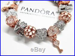 Authentic Pandora Silver Charm Bracelet With Love Rose Gold Charms Heart & Key