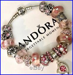 Authentic Pandora Silver Charm Bracelet With Pink Love European Charms