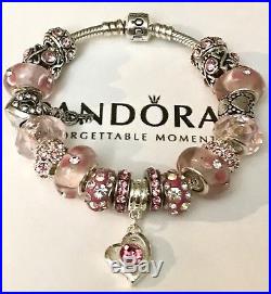 Authentic Pandora Silver Charm Bracelet With Pink Love European Charms