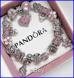 Authentic Pandora Silver Charm Bracelet with Pink Love European charms