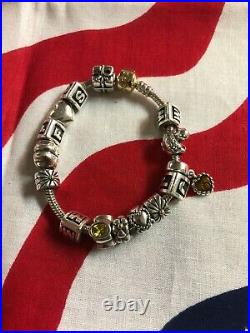 Authentic Pandora Sterling Silver Bracelet 14K Clasp with 15 Charms
