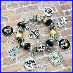 Authentic Pandora Sterling Silver Bracelet with New Orleans Saints European Charms