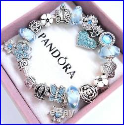 Authentic Pandora Sterling Silver Charm Bracelet With Blue Heart European Charms
