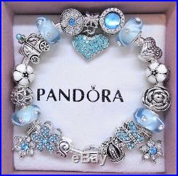 Authentic Pandora Sterling Silver Charm Bracelet With Blue Heart European Charms