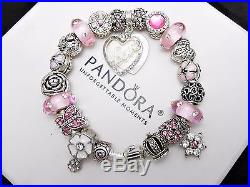 Authentic Pandora Sterling Silver Charm Bracelet With Pink Love European Charms