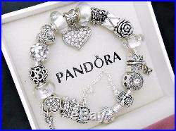 Authentic Pandora Sterling Silver Charm Bracelet With White European Charms