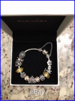 Authentic Pandora bracelet with 13 Charms and safety chain in box