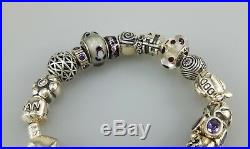 Authentic Pandora silver bracelet with 21 authentic silver charms purple colors