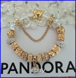 Authentic Silver Pandora Bracelet Gold Heart & Gold Charms + gift Box. 20 cms Authentic Silver Pandora Bracelet Gold Heart & Gold Charms + gift Box. 20 cms