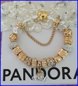 Authentic Silver Pandora Bracelet Gold Heart & Gold Charms + gift Box. 20 cms Authentic Silver Pandora Bracelet Gold Heart & Gold Charms + gift Box. 20 cms