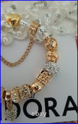 Authentic Silver Pandora Bracelet Gold Heart & Gold Charms + gift Box. 20 cms Authentic Silver Pandora Bracelet Gold Heart & Gold Charms + gift Box. 20 cms
