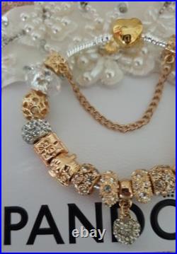Authentic Silver Pandora Bracelet Gold Heart & Gold Charms + gift Box. 20 cms Authentic Silver Pandora Bracelet Gold Heart & Gold Charms + gift Box. 20 cms