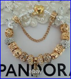 Authentic Silver Pandora Bracelet Gold Heart & Gold Charms + gift Box. 20 cms Authentic Silver Pandora Bracelet Gold Heart & Gold Charms + gift Box. 20 cms