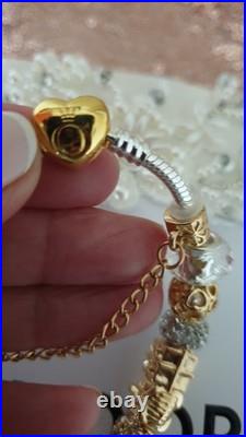 Authentic Silver Pandora Bracelet Gold Heart & Gold Charms + gift Box. 20 cms Authentic Silver Pandora Bracelet Gold Heart & Gold Charms + gift Box. 20 cms
