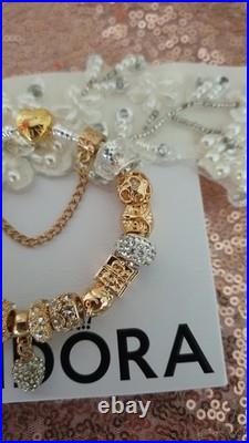 Authentic Silver Pandora Bracelet Gold Heart & Gold Charms + gift Box. 20 cms Authentic Silver Pandora Bracelet Gold Heart & Gold Charms + gift Box. 20 cms