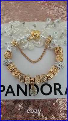 Authentic Silver Pandora Bracelet Gold Heart & Gold Charms + gift Box. 20 cms Authentic Silver Pandora Bracelet Gold Heart & Gold Charms + gift Box. 20 cms