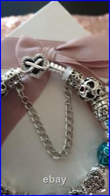 Authentic Silver Pandora Bracelet Heart clasp + Charms 19 cm + Pandora Box Authentic Silver Pandora Bracelet Heart clasp + Charms 19 cm + Pandora Box