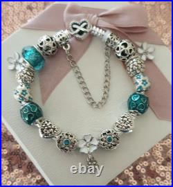 Authentic Silver Pandora Bracelet Heart clasp + Charms 19 cm + Pandora Box Authentic Silver Pandora Bracelet Heart clasp + Charms 19 cm + Pandora Box