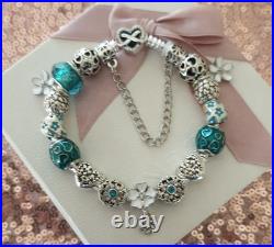 Authentic Silver Pandora Bracelet Heart clasp + Charms 19 cm + Pandora Box Authentic Silver Pandora Bracelet Heart clasp + Charms 19 cm + Pandora Box