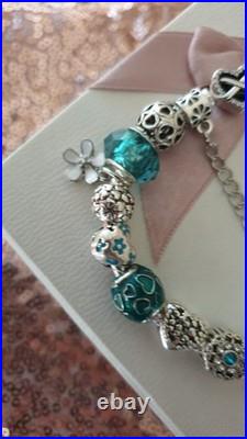 Authentic Silver Pandora Bracelet Heart clasp + Charms 19 cm + Pandora Box Authentic Silver Pandora Bracelet Heart clasp + Charms 19 cm + Pandora Box