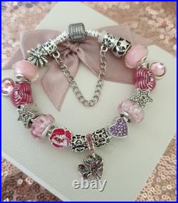 Authentic Silver Pandora Bracelet Pave clasp + Charms Shown 19 cm + Pandora Box Authentic Silver Pandora Bracelet Pave clasp + Charms Shown 19 cm + Pandora Box