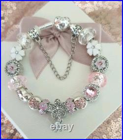 Authentic Silver Pandora Bracelet Pave clasp + Charms Shown 19 cm + Pandora Box Authentic Silver Pandora Bracelet Pave clasp + Charms Shown 19 cm + Pandora Box