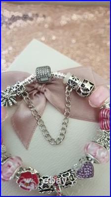 Authentic Silver Pandora Bracelet Pave clasp + Charms Shown 19 cm + Pandora Box Authentic Silver Pandora Bracelet Pave clasp + Charms Shown 19 cm + Pandora Box