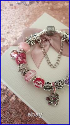 Authentic Silver Pandora Bracelet Pave clasp + Charms Shown 19 cm + Pandora Box Authentic Silver Pandora Bracelet Pave clasp + Charms Shown 19 cm + Pandora Box