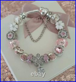 Authentic Silver Pandora Bracelet Pave clasp + Charms Shown 19 cm + Pandora Box Authentic Silver Pandora Bracelet Pave clasp + Charms Shown 19 cm + Pandora Box