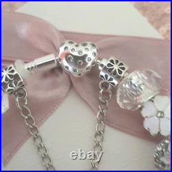 Authentic Silver Pandora Bracelet Pave clasp + Charms Shown 19 cm + Pandora Box Authentic Silver Pandora Bracelet Pave clasp + Charms Shown 19 cm + Pandora Box