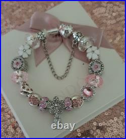 Authentic Silver Pandora Bracelet Pave clasp + Charms Shown 19 cm + Pandora Box Authentic Silver Pandora Bracelet Pave clasp + Charms Shown 19 cm + Pandora Box
