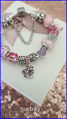 Authentic Silver Pandora Bracelet Pave clasp + Charms Shown 19 cm + Pandora Box Authentic Silver Pandora Bracelet Pave clasp + Charms Shown 19 cm + Pandora Box