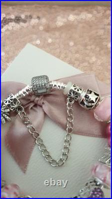 Authentic Silver Pandora Bracelet Pave clasp + Charms Shown 19 cm + Pandora Box Authentic Silver Pandora Bracelet Pave clasp + Charms Shown 19 cm + Pandora Box