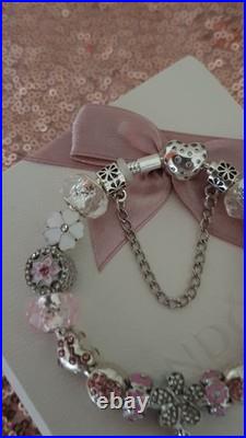 Authentic Silver Pandora Bracelet Pave clasp + Charms Shown 19 cm + Pandora Box Authentic Silver Pandora Bracelet Pave clasp + Charms Shown 19 cm + Pandora Box