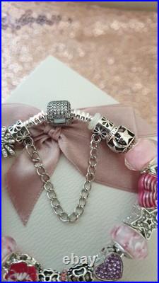 Authentic Silver Pandora Bracelet Pave clasp + Charms Shown 19 cm + Pandora Box Authentic Silver Pandora Bracelet Pave clasp + Charms Shown 19 cm + Pandora Box