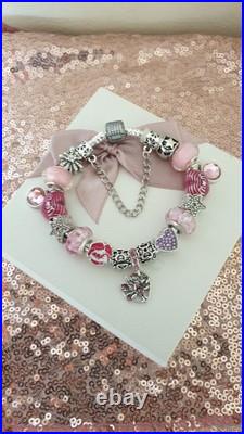 Authentic Silver Pandora Bracelet Pave clasp + Charms Shown 19 cm + Pandora Box Authentic Silver Pandora Bracelet Pave clasp + Charms Shown 19 cm + Pandora Box